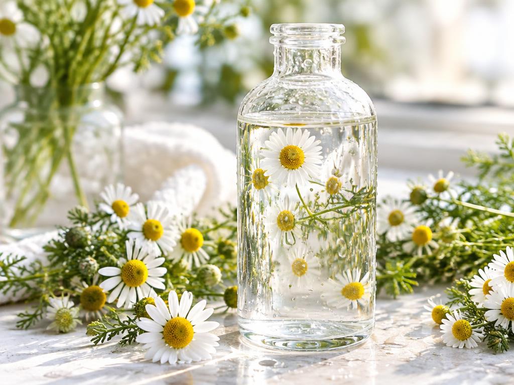 Clear bottle of floral water with fresh chamomile flowers