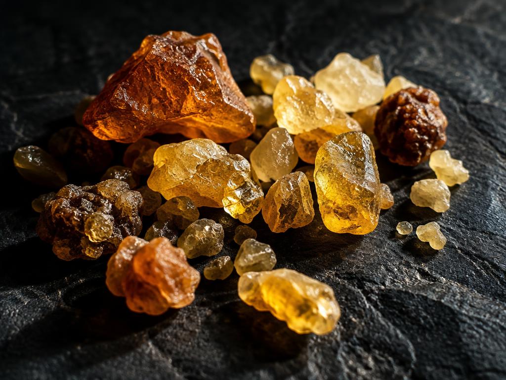 Amber and golden pieces of frankincense and myrrh resin