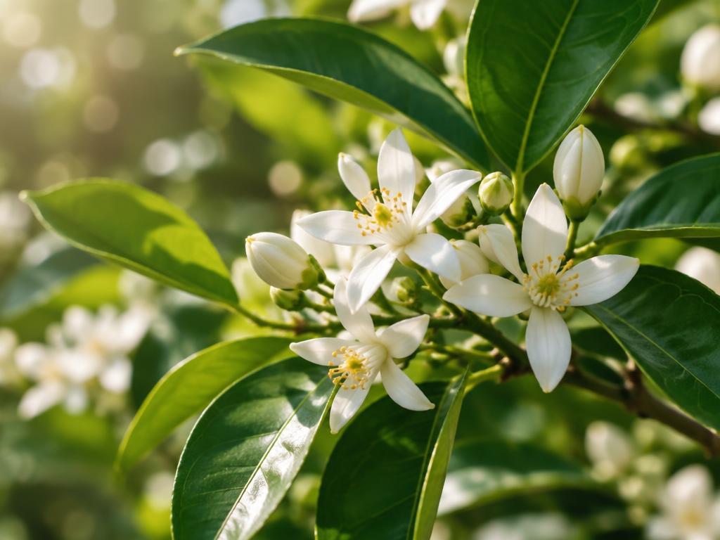 White bitter orange blossoms on a branch